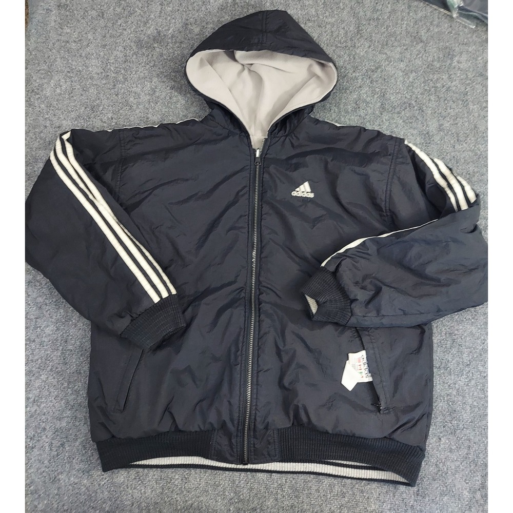 Vtg Adidas Jacket Large Black Gray Hood Reversible Fleece Lined Three Stripes